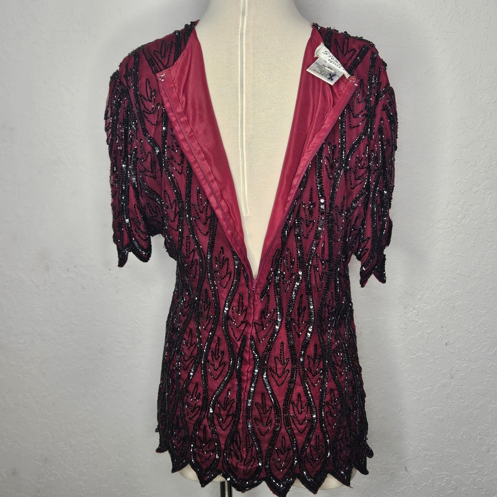 Stenay Petite Vintage Beaded Sequin Silk Blouse Burgundy‎ Black Scalloped PL - Picture 7 of 10